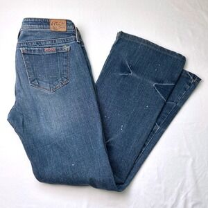 Hint Jeans Low Rise Y2K Womens Size 8/9 Blue Wash Paint Splatter Bootcut Jeans
